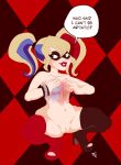  banana_spear dc_comics dc_super_hero_girls dc_super_hero_girls_(2015) hand_bra hands_on_breasts harley_quinn multicolored_hair pussy speech_bubble squatting 