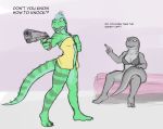 angry anthro bed blue_eyes bottomless bra breasts cleavage dinosaur drake_tigerclaw_(artist) drake_tigerclaw_(character) funny gun iguana lizard mad monica_(drake_tigerclaw) original pink_eyes reptile scalie t-rex towel tyrannosaurus vasha_vinodragova weapon