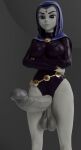 1futa 3d belt big_breasts big_penis breasts cape clothed_futanari clothes crossed_arms dc_comics demon_girl erection futa_focus futa_only futanari grey_skin hood looking_at_viewer pale_skin penis purple_eyes purple_hair raven_(dc) teen_titans zzzxxxccc