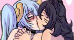 2_girls ahri blue_hair blush closed_eyes hand_holding huge_breasts justonehumanjoh kissing sona_buvelle twintails yuri