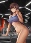  1girl 2d adapted_costume arm_support artist_logo bangs blizzard_entertainment blue_sports_bra blurry blurry_background bottomless breasts brown_eyes brown_hair clenched_hand collarbone cowboy_shot d.va detailed_background exercise_machine facepaint facial_mark female_only flowerxl gym hana_song indoors long_hair looking_at_viewer medium_breasts midriff navel no_headwear overwatch overwatch_2 parted_lips pussy skin_tight sports_bra swept_bangs tight tight_pants whisker_markings 