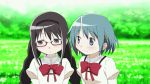 2girls animated black_eyes black_hair blue_eyes blue_hair blush cute gif glasses long_hair love yuri