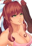 1boy 1girl bbc big_breasts breasts brown_hair cleavage cuckold dark-skinned_male dark_skin doki_doki_literature_club drooling interracial large_penis long_hair male/female monika_(doki_doki_literature_club) netorare ntr penis penis_awe saliva sex solo_focus uncensored xhaart