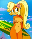  1girl 1girl anthro areola bandicoot blonde breasts brown_skin coco_bandicoot crash_bandicoot_(series) eyeshadow flower_in_hair furry green_eyes hips ikaribunbun legs long_hair looking_at_viewer mammal marsupial nipples nude outside presenting pussy sexy slut smile standing surfboard thighs 