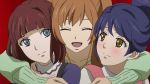  3girls anime blue_eyes blue_hair blush brown_hair closed_eyes female friends group_hug hair_up hugging long_hair mari_maya maya_mari misawa_mizuki mizuki_misawa moe_morita morita_moe multiple_girls purple_hair samurai_flamenco short_hair smile tagme yellow_eyes 