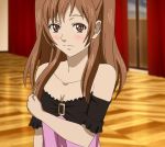  1_girl anime bare_shoulders blush brown_hair collarbone female long_hair mari_maya maya_mari red_eyes samurai_flamenco smile solo tagme 