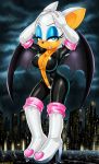 2014 anthro bat big_breasts blue_eyes bodysuit breasts cleavage clothed clothing female hair latex looking_at_viewer navel pubic_hair raining rouge_the_bat rubber sega shadman solo sonic_(series) white_hair wings