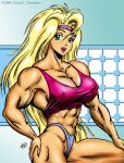 1girl 1girl blonde_hair clothes dcmatthews muscular