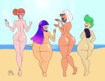 1girl 4girls ass beach big_ass blake_(glitch_techs) blush commission comparison dat_ass female_only freckles frostbiteboi gesture glitch_techs green_hair laughing lotion miko_kubota nude_beach purple_hair red_hair shiny shiny_skin simi_(glitch_techs) towel walking wide_hips zahra_rashid