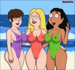 american_dad beach bikini cameltoe erect_nipples francine_smith linda_memari sea security_guard security_guard_(american_dad) sexfightfun smile smiley_face swimsuit transparent transparent_clothing trio yuri