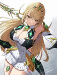  1girl aegis_sword_(xenoblade) alluring big_breasts blonde_hair cleavage clothed mythra nintendo sword weapon xenoblade_(series) xenoblade_chronicles_2 yamamori_kinako yellow_eyes 