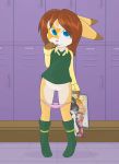 blue_eyes book brown_hair cub exposed female furry furry_wolf hair lagomorph locker looking_at_viewer mae magazine panties pose pussy rabbit red_eyes school socks solo standing underwear young