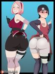 2_girls ass_focus bandaged_leg boruto:_naruto_next_generations cameltoe comparison embarrassed excited female_only green_eyes high_resolution lifted_by_self looking_at_viewer medium_breasts mother_&_daughter naruto naruto_(series) naruto_shippuden naughty_face non-nude posing presenting_ass sakura_haruno sarada_uchiha small_breasts studio_oppai