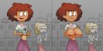 1girl 2_girls 2koma alternate_breast_size amphibia anne_boonchuy asian asian_female big_breasts blonde_hair breasts brown_hair brown_nipples brown_skin dark-skinned_female disney disney_channel exposed exposed_breasts female_focus female_only flashing locker_room navel nipples sasha_waybright school_uniform self_exposure shirt_lift shirt_up short_hair thai