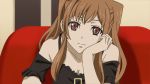  1_girl anime bare_shoulders brown_hair female long_hair mari_maya maya_mari red_eyes samurai_flamenco smile solo tagme 