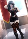 1girl absurd_res alluring armor big_breasts black_shorts blue_eyes blush boots breasts byleth_(fire_emblem) byleth_(fire_emblem)_(female) fire_emblem fire_emblem:_three_houses gluteal_fold high_res hocen legs long_hair looking_at_viewer navel nintendo short_shorts short_sleeves shorts smile standing stockings teal_hair thighs vilde_loh_hocen