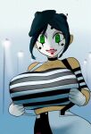 animated beret black_hair bouncing_breasts gif huge_breasts loop lyn_nyl lyn_nyl_madeline makeup massive_breasts mime original outside striped stripes upper_body