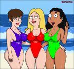 american_dad beach bikini cameltoe erect_nipples francine_smith linda_memari sea security_guard security_guard_(american_dad) sexfightfun smile smiley_face swimsuit trio v yuri