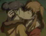  2_girls 2girls anime blue_hair brown_hair closed_eyes coat female friends hair_up head_grab hoodie hug hugging jacket kiss kissing long_hair long_sleeves love mari_maya maya_mari moe_morita morita_moe multiple_girls samurai_flamenco short_hair yuri 