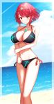 1girl absurd_res adapted_costume alluring big_breasts bikini black_bikini breasts chest_jewel cleavage earrings halterneck heroine high_res jewelry milf navel nintendo o-ring o-ring_bikini pyra pyra_(pro_swimmer)_(xenoblade) pyra_(xenoblade) red_eyes red_hair short_hair swept_bangs swimsuit taro_(peach_taro51) tiara xenoblade_(series) xenoblade_chronicles_2