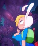 1girl 2014 adventure_time animal_ears big_breasts blonde_hair blue_eyes blush breasts clothing doxy female fionna_the_human hair hat hetero human male open_mouth penis purple_skin rabbit_ears shirt sword tombstone tongue tongue_out uncut undead weapon zombie