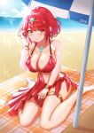 1girl 1girl absurd_res alluring alternate_costume beach big_breasts breasts chest_jewel headpiece heroine high_res milf ocean parasol pyra pyra_(xenoblade) red_eyes red_hair sand short_hair sunlight swept_bangs swimsuit taro_(peach_taro51) tiara umbrella xenoblade_(series) xenoblade_chronicles_2