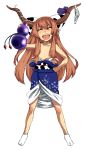  1girl bare_shoulders brown_hair closed_eyes clothes_down drunk female gourd hair hand_on_hip horns ibuki_suika japanese_clothes kimono kimono_down kirisato_itsuki long_hair open_mouth panties socks solo suika_ibuki tabi topless touhou underwear 