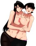 2_girls areola areola areola_slip big_breasts black_hair blush breasts komi-san_wa_komyushou_desu komi_shouko komi_shuuko long_hair milf nipples short_hair