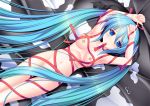 1girl armpits arms_up bandaid bandaids_on_nipples blue_eyes blue_hair censor_hair censored convenient_censoring female_only hair_censor kageira long_hair lying miku_hatsune naked_ribbon nude pasties ribbon ribbons solo_female twin_tails very_long_hair vocaloid