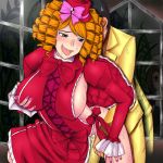  battler_ushiromiya blonde_hair blue_eyes blush bow breasts cleavage clothed_sex doboshiru dress drill_hair fang frills gaap grope groping hat huge_breasts mochisunira ribbon sex shannon sideboob sisuu smile sweat umineko_no_naku_koro_ni ushiromiya_george 