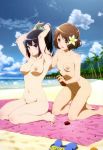 2girls armpits arms_up barefoot beach beach_towel black_hair breasts brown_hair cleavage cloud completely_nude feet flower full_body hair_flower hair_ornament hazel_eyes hibike!_euphonium high_resolution kneel kousaka_reina lotion medium_breasts multiple_girls musical_note navel nipples nude nude_filter nudist ocean oumae_kumiko outside palm_tree public_nudity purple_eyes sand sandals scrunchie sitting sky small_breasts sunscreen third-party_edit tree very_high_resolution wariza water