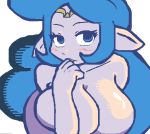  1girl blue_eyes blue_hair breasts cleavage eyebrows huge_breasts long_hair looking_at_viewer luigi64 milf nayru nintendo nude outside pointed_ears presenting the_legend_of_zelda tiara very_long_hair 