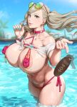 1girl 1girl 2022 ann_takamaki areola atlus bikini blonde_hair blue_eyes body_markings body_writing breasts erect_nipples female_focus female_only hips huge_breasts kunaboto large_areolae long_hair massive_breasts nipples outside persona persona_5 pool pubic_hair puffy_nipples revealing_clothes sega solo_female solo_focus sunglasses sunglasses_on_head swimsuit tattoo teen thick_thighs thighs twin_tails venus_body video_game_character video_game_franchise water wet wet_body wide_hips