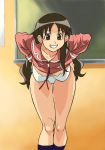  1girl azumanga_daioh azumanga_daiou bad_proportions bent_over black_hair black_legwear bra breasts brown_eyes brown_hair chalkboard cirima classroom footwear grin hanging_breasts kneehighs large_breasts leaning_forward legs lingerie long_hair no_pants panties school_uniform seifuku serafuku shirt_lift smile socks solo standing tanizaki_yukari teacher thigh_gap thighs underwear undressing very_long_hair volvox white_bra white_panties yukari_tanizaki 