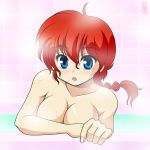  1girl bath blue_eyes blush braid breasts cleavage genderswap nude ranko ranma-chan ranma_1/2 ranma_saotome red_hair saotome_ranma shimeta_hiromitsu single_braid solo steam 