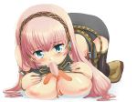  1girl aqua_eyes between_breasts blue_nails breasts headset long_hair luka_megurine megurine_luka nail_polish paizuri pink_hair sausage sexually_suggestive solo tdk thighhighs vocaloid 