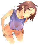 1girl :< ahoge alluring ass asuka_kazama bad_id bare_shoulders bent_over breasts brown_eyes brown_hair hair heisa kazama_asuka leaning_forward lips namco nipples panties panty_pull pussy see-through short_hair simple_background solo sweat sweat_stain tank_top tekken tekken_5 thong underwear undressing wet white_background