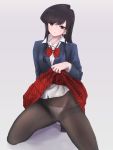 1_girl 1girl black_hair clothed female female_only komi-san_wa_komyushou_desu komi_shouko long_hair looking_at_viewer panties panties_under_pantyhose pantyhose school_uniform skirt_lift skirt_lifted_by_self solo underwear