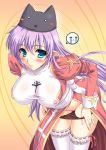  1girl black_panties blue_eyes erect_nipples high_priest kawase_seiki panties panty_pull pointy_ears purple_hair ragnarok_online see-through solo thighhighs underwear undressing 