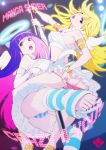 2girls angel_wings armband ass bare_shoulders blonde blonde_hair feet female foreshortening halo jewelry long_hair multicolored_hair multiple_girls nail_polish nekoi_mie open_mouth panties panty_&_stocking_with_garterbelt panty_anarchy pole pole_dancing sandals sisters stocking_anarchy striped striped_panties stripes toes two-tone_hair underwear undressing wings