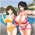  2_girls big_breasts bikini bikini_shorts black_hair brown_eyes brown_hair cleavage gogo_sentai_boukenger high_res mamiya_natsuki multiple_girls nishihori_sakura pink_eyes shorts super_sentai swimming_pool swimsuit treezero yellow_eyes 