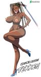 1girl alcione alluring arm_behind_head arm_up big_breasts blonde_hair blue_nails breasts brown_eyes cornrows dark-skinned_female dark_skin deviantart dress eyeshadow female_abs fishnet_top hairlocs hand_on_hip high_heels human human_female impossible_clothes katana kunoichi legs_up lipstick long_hair looking_at_viewer makeup master_raven nail_polish namco navel ninja nipples perky_breasts ponytail see-through smile standing_on_one_leg sword tekken tekken_7 two_tone_hair weapon wide_hips