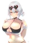  1girl azur_lane bikini black_bikini black_choker bow breasts choker cleavage eyewear_on_head female_only hair_between_eyes hands_up heart-shaped_sunglasses huge_breasts looking_at_viewer navel non-nude o-ring o-ring_bikini red_eyes scrunchie short_hair simple_background sirius_(azur_lane) sirius_(midsummer_seirios)_(azur_lane) skindentation strap_pull sunglasses swimsuit upper_body white_background white_bow white_hair wide_hips wrist_scrunchie 