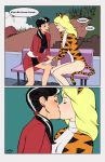  2_girls alexandra_cabot animal_ears archie_comics arm_grab art artist_name bare_legs bench black_hair blonde_hair blush cat_ears cat_tail character_request closed_eyes cloud comic earrings fake_animal_ears female half-closed_eyes happy josie_and_the_pussycats kissing legs leotard lips lipstick long_hair long_sleeves looking_at_another love melody_jones multiple_girls ponytail sitting sky smile speech_bubble suit tail talking teeth tiger_ears tiger_print tiger_tail tree turtleneck yuri 