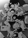 1boy boku_no_hero_academia frostbiteboi harem izuku_midoriya jirou_kyouka mina_ashido momo_yaoyorozu monochrome multiple_girls my_hero_academia ochako_uraraka on_back on_bed sleeping tooru_hagakure tsuyu_asui underwear