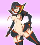 1girl black_hair breasts enf female gloves gradient_background kill_la_kill living_clothes matoi_ryuuko midriff multicolored_hair navel nipples open_mouth pink_background pleated_skirt ponpondou ponpondou_(artist) pussy red_hair school_uniform senketsu serafuku short_hair skirt stockings suspenders thighhighs two-tone_hair uncensored wardrobe_malfunction weapon yellow_eyes