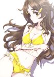 1_girl 1girl art bad_id bikini breast_hold breasts brown_hair cleavage female hair_ornament hairclip large_breasts long_hair matsuryuu navel shinomiya_himawari solo swimsuit vividred_operation yellow_bikini yellow_eyes