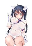  1girl arm_ribbon arm_support black_hair blue_eyes blue_ribbon blush breasts cleavage cleavage_cutout dress dungeon_ni_deai_wo_motomeru_no_wa_machigatteiru_darou_ka gloves grin hair_ornament hair_ribbon hestia_(danmachi) large_breasts long_hair looking_at_viewer pulling rei_no_himo ribbon sacha simple_background sitting smile thighs twin_tails white_background white_dress white_gloves 