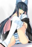  1girl blue_hair blush cameltoe censor_bar censored dean feet female female_focus footjob green_eyes hair_ribbon highres long_hair multicolored_hair open_mouth panties panty_&amp;_stocking_with_garterbelt pantyshot pantyshot_(sitting) pantyshot_sitting penis ribbon sitting smile sock_pull solo solo_focus stocking_(psg) stocking_anarchy stockings striped striped_panties thighhighs two-tone_hair two_tone_hair underwear undressing 