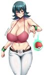  1girl alluring big_breasts cleavage creatures_(company) dark_green_hair game_freak green_hair gym_leader huge_breasts humans_of_pokemon natsume_(pokemon) nintendo pink_eyes pokeball pokemon_(anime) pokemon_(game) pokemon_red_green_blue_&amp;_yellow porkyman psychic red_eyes sabrina sabrina_(pokemon) sexy smile solegemart walking white_legwear 